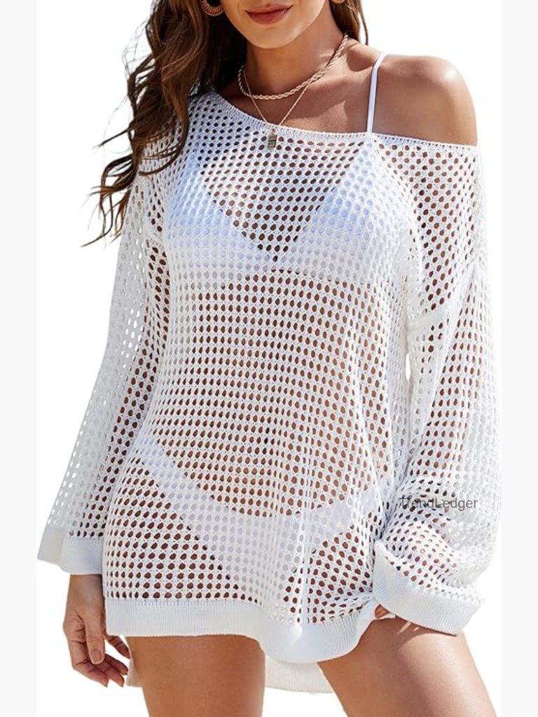 Off Shoulder Crochet Long Sleeve Beach Cover Up Top Swimsuit Coverup S-Xl